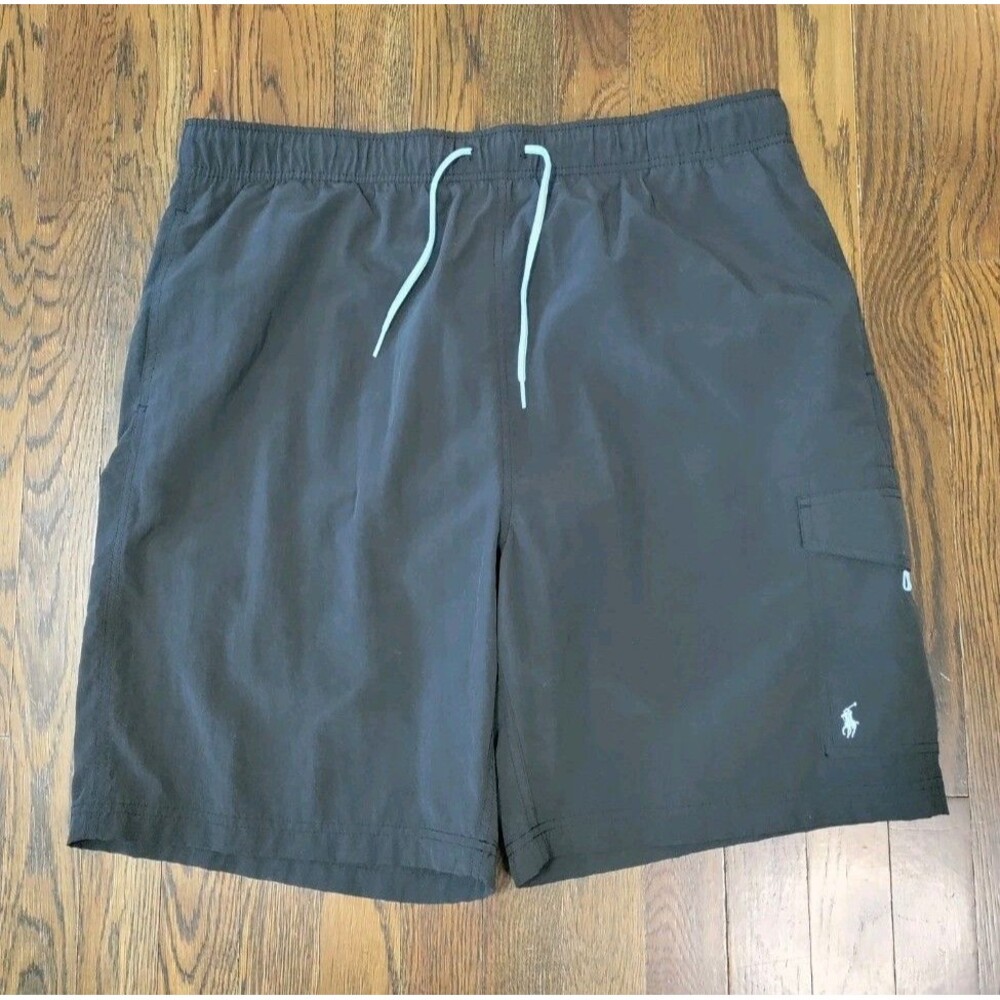 Vtg Polo Ralph Lauren Swim Trunks XL Inseam 9" Black Light Blue Pony Drawstring